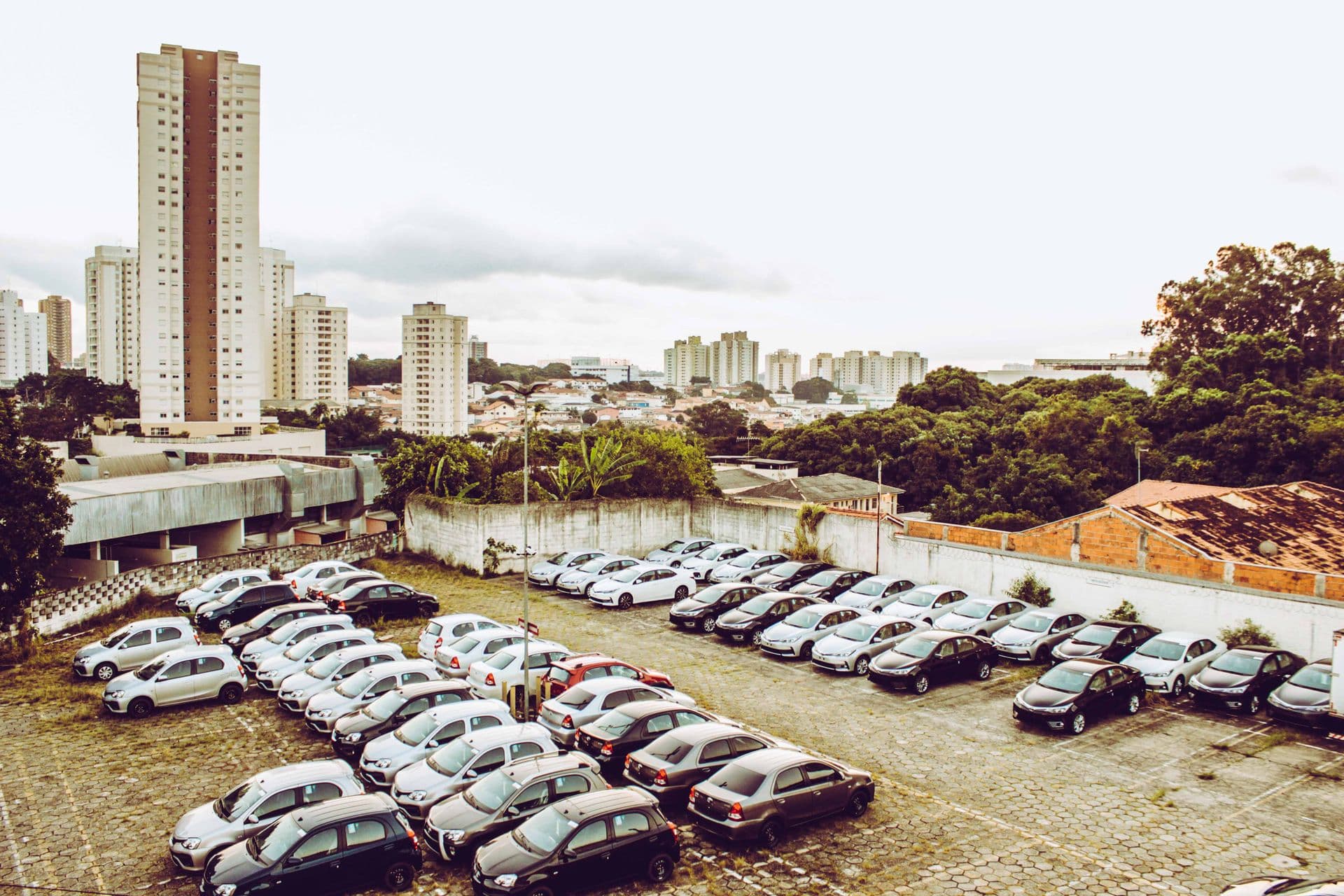 Commercial parking lot with buildings